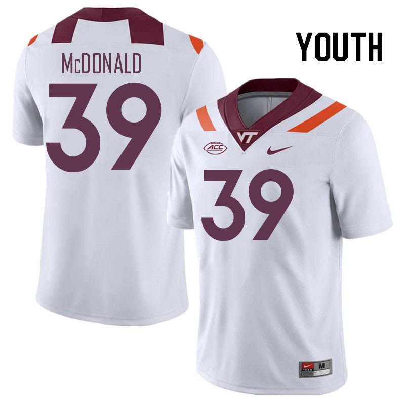 Youth #39 Jorden McDonald Virginia Tech Hokies College Football Jerseys Stitched Sale-White